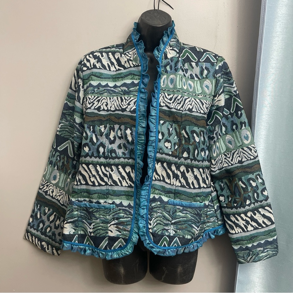 Vintage  Alex Kim blue animal print Tapestry Jacket  size PS